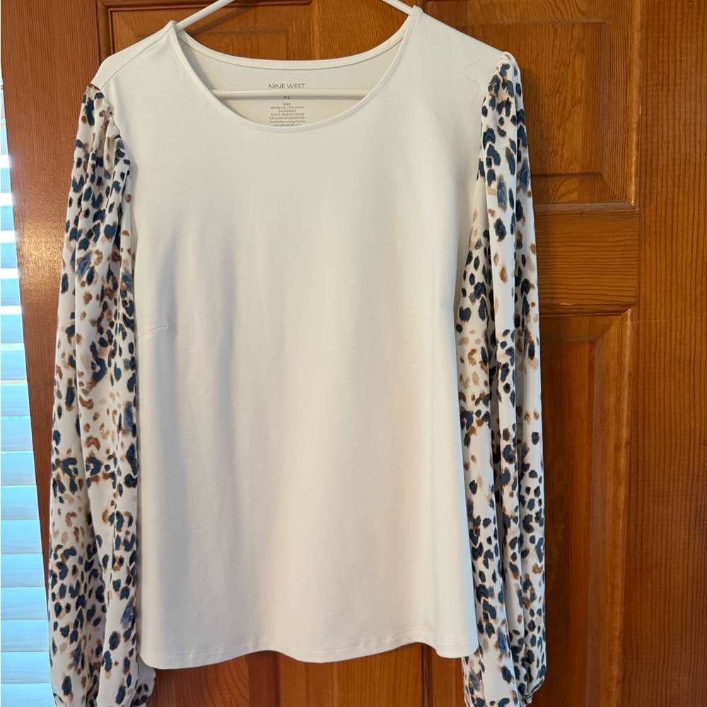 Nine West White and Brown Boxy Long Sleeve Blouse